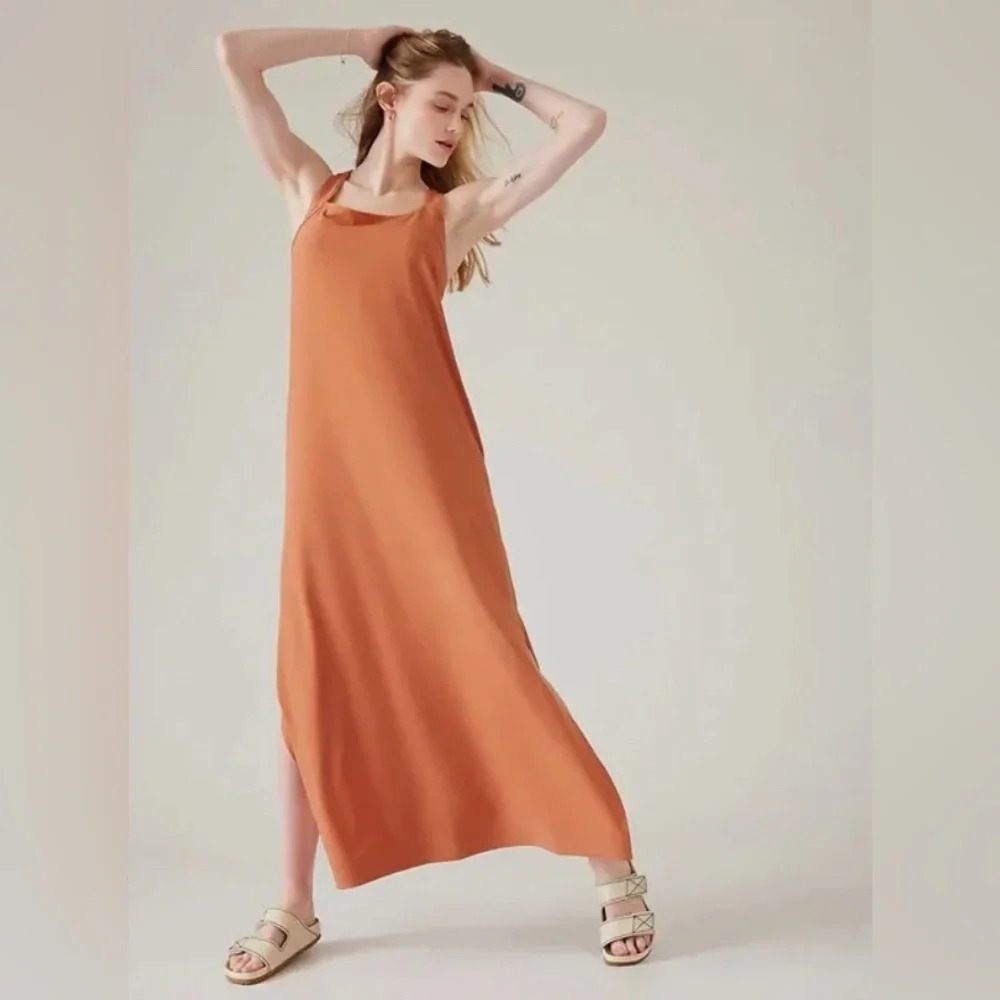 ATHLETA Sz L Arrival Wide Straps Crossed Back Side Slit Stretchy Maxi Dress